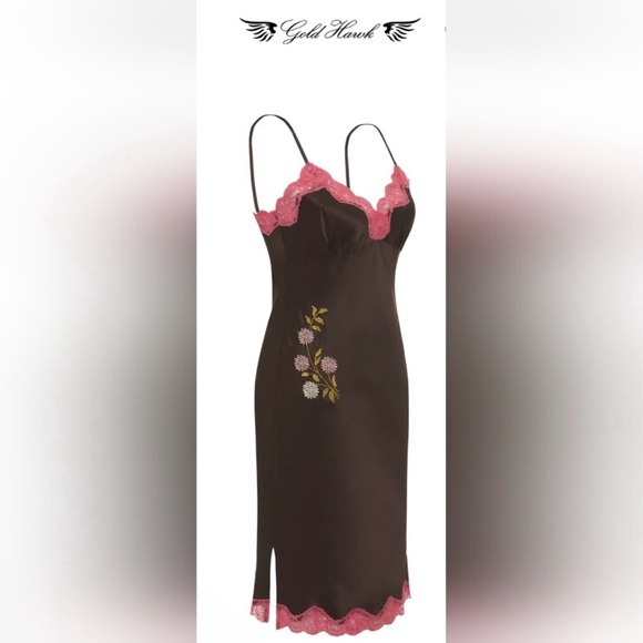 NWT Vintage Y2K Gold Hawk 100% Silk Midi Slip Dress Lace Floral Embroidered Pink